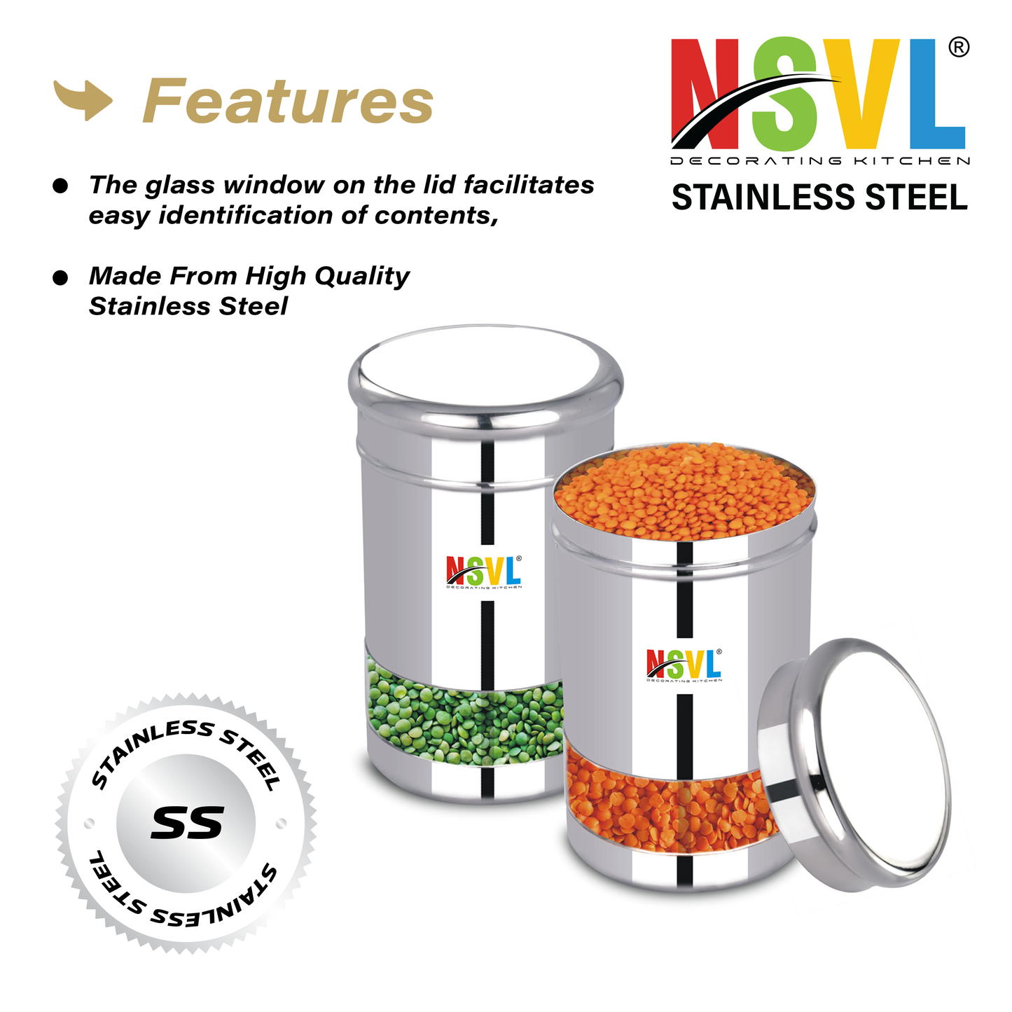 NSVL Stainless Steel Twister See Through Airtight Containers For Masala Box, Dry Fruit Jars, Kitchen Container, Storage Box, 800 Ml - Set Of 2, Silver
