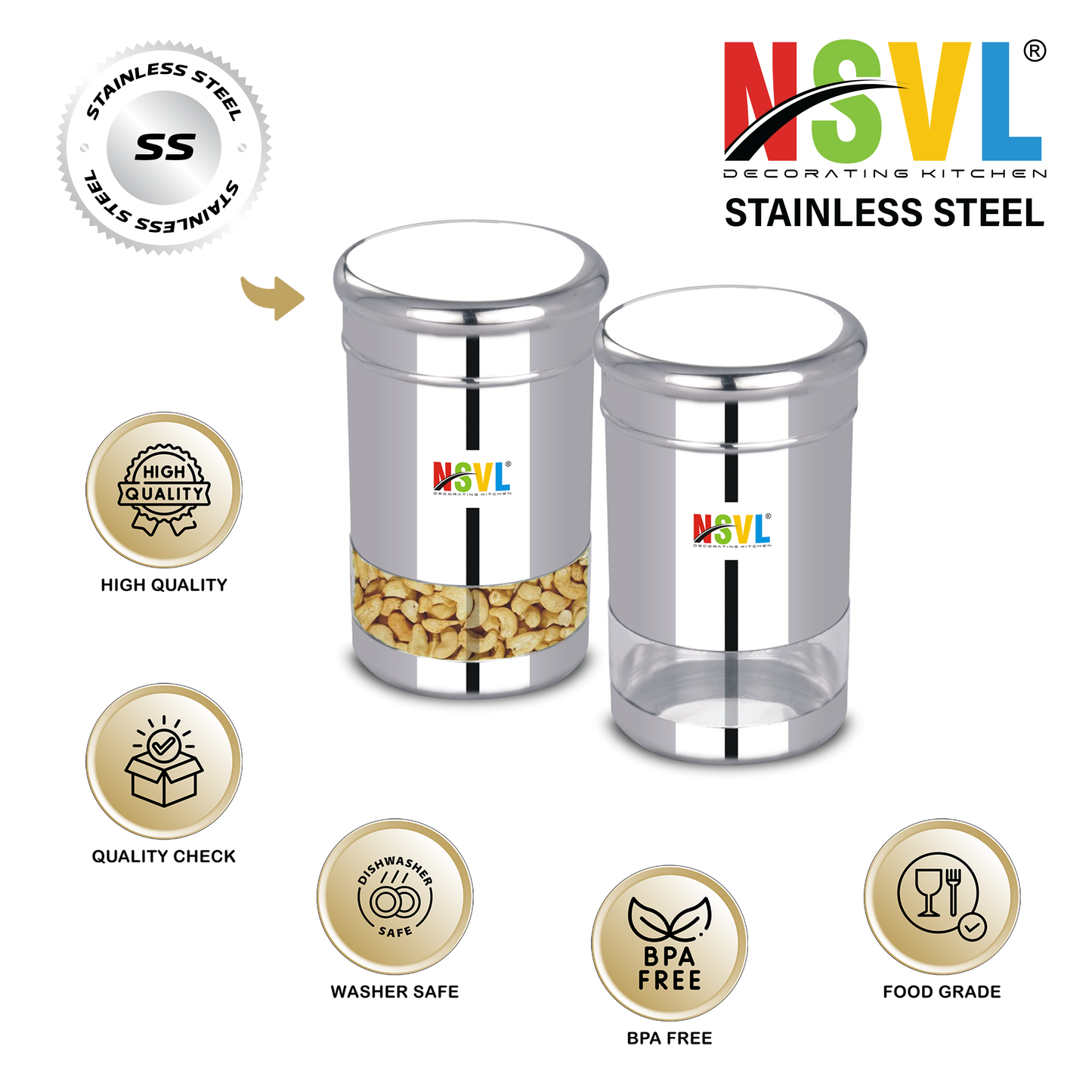 NSVL Stainless Steel Twister See Through Airtight Containers For Masala Box, Dry Fruit Jars, Kitchen Container, Storage Box, 800 Ml - Set Of 2, Silver