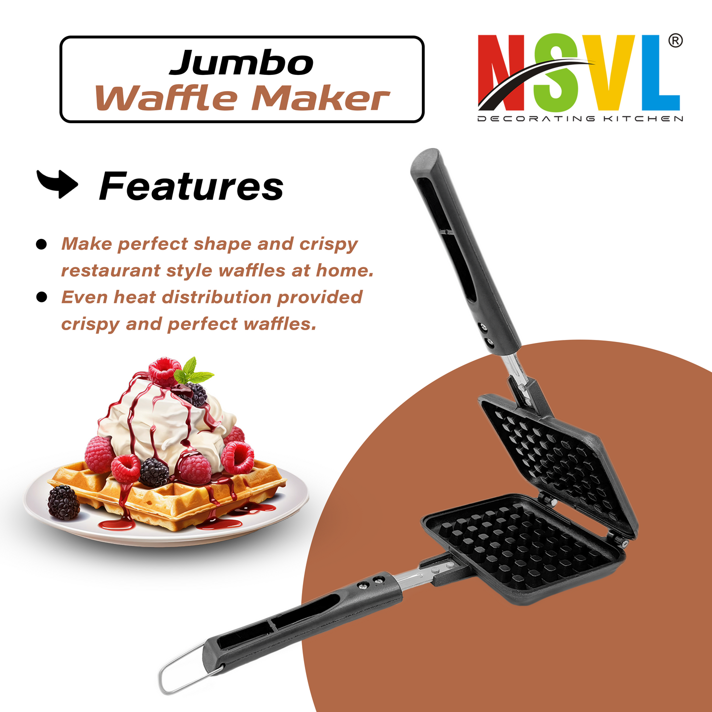 NSVL Die Cast Aluminium Non Stick Waffle Maker | Waffle Pan Cake Maker Machine |Gas Base | 3 Layer Coating | Scratch Proof